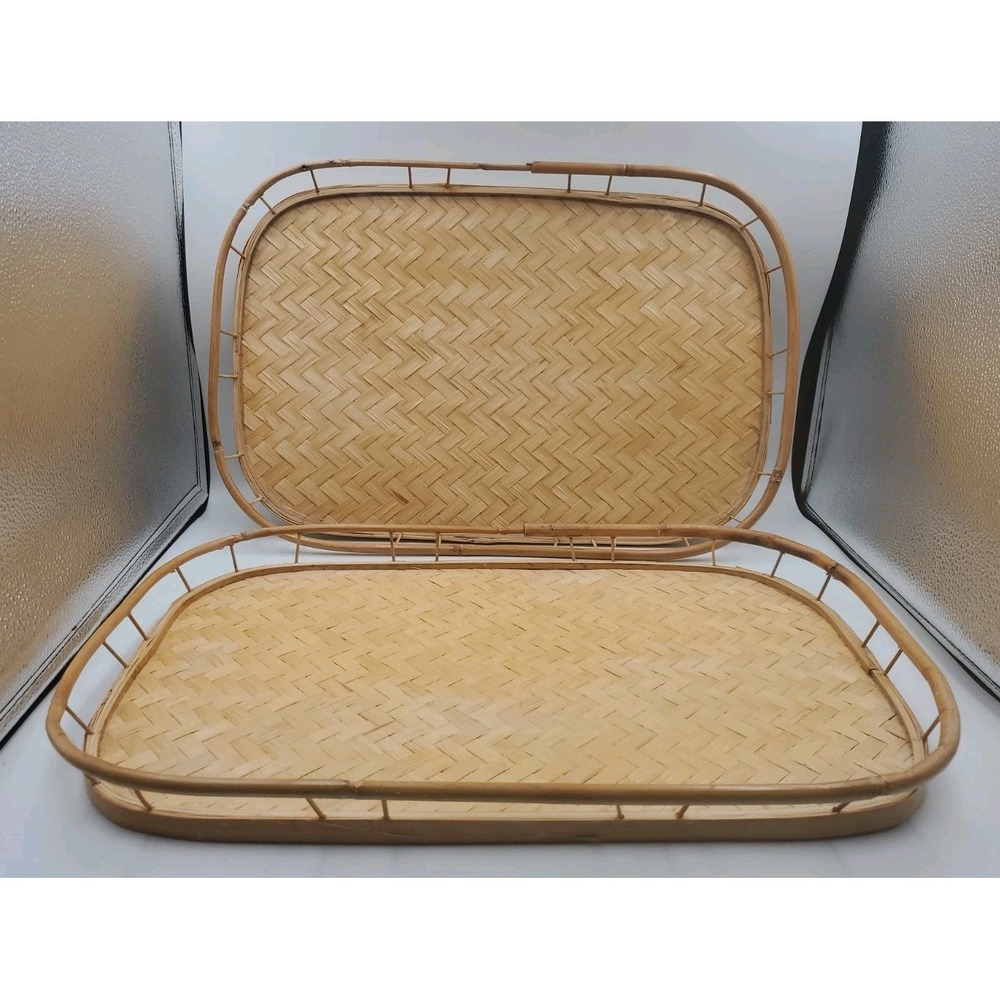 Vintage MCM Bamboo Woven Tray Gold Boho Bar Cart Serving Lap Tray Set Of 2